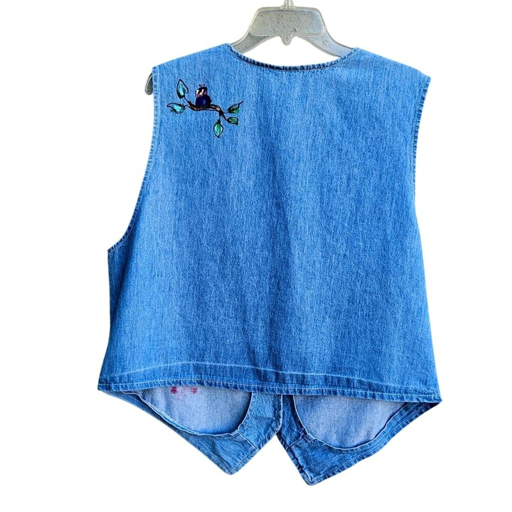 Vintage 80s Hand Painted Denim Vest XXL Plus Size Cottage Prairie Birds - Picture 5 of 11